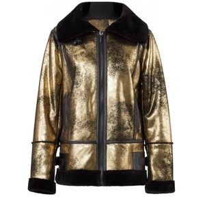 Avec Les Filles Metallic Foil Faux Shearling Biker Jacket
